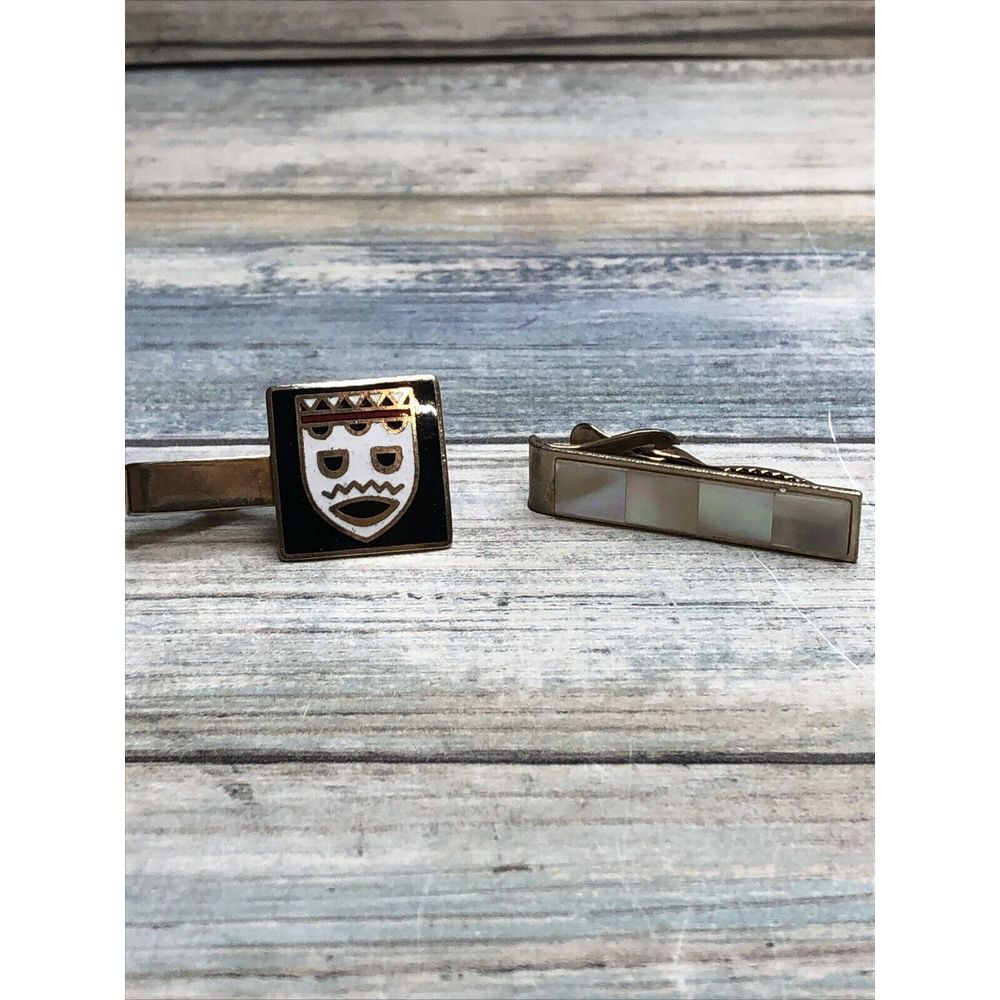 Swank Tie Clip Set Tribal Mask primitive lot of 2  unbranded‎ Mother of Pearl